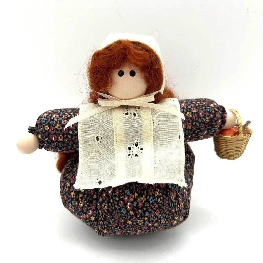 Folk Art Soft Body Doll Red Hair Floral Dress With Basket 5.5 Inch